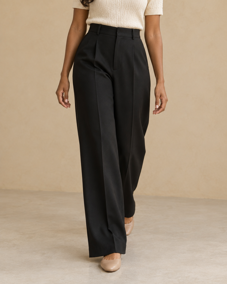 Mulher caminhando com calça preta de cintura alta e blusa creme