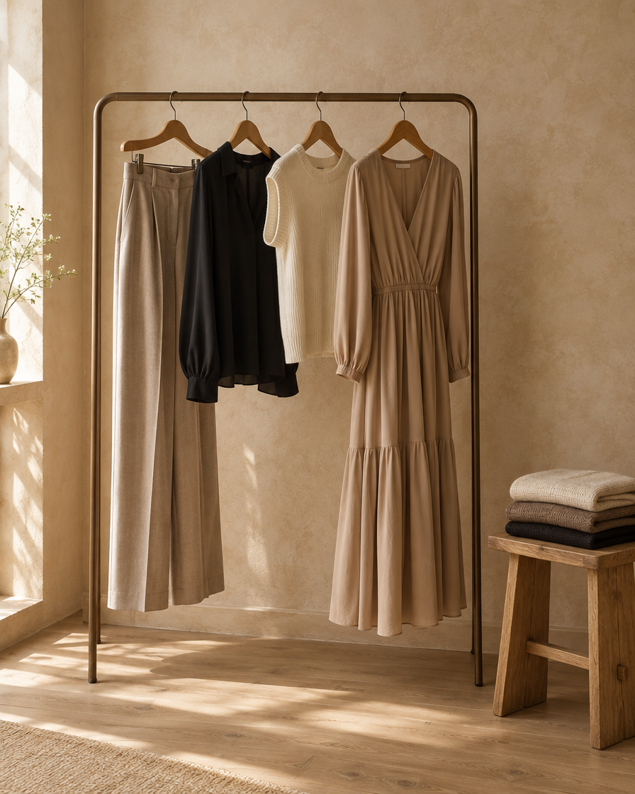 Arara com calças, blusas e vestidos em tons de bege e preto